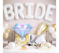 40inch White Bride Balloons with Engagement Diamond Ring Balloons Champagne Wine Glass Foil Balloon for Bride to Be Bridal Shower Engagement Bachelorette Wedding Just Married Engaged Party Decorations