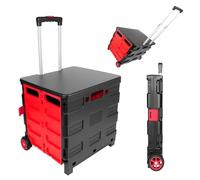 40kg Foldable Plastic Book Trolley Cart Lightweight Teacher's Book Cart 2 Wheeled Book Trolley On Wheels Folding Storage Box with Aluminium Handle Shopping Trolley (Black+Red)