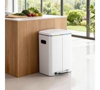 40L Double Kitchen Bin with Lids, Rubbish Bin, Soft Close with Plastic Inner Buckets, White
