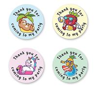 40mm Pool Beach Party Thank You for Coming to My Party Round Stickers for Party Bags & Sweet Cones - Sloth, Unicorn, Strawberry & Pineapple (24 x Stickers)