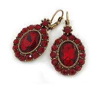 40mm Tall/Oval Crystal Drop Earrings with Leverback Closure In Aged Gold Tone/Dark Red Shades