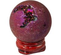 40mm Titanium Coated Agate Geode Crystal Sphere Ball with Wooden Stand, Purple Quartz Stone Sphere Gift Ornament for Room Office Decor