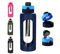 40OZ/1200ml Glass Water Bottle, Large Sports Water Bottle with Dual-Drink Lid Clear Leakproof Glass Bottles with Straw, Motivational Jug with Silicone Sleeve and Time Marker for Travel Gym-Blue