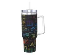 40OZ Game Video Gaming Pattern Print Stainless Steel Insulated Cup with Handle and Straw â€“ Beverage Flask for Travel, Gym, Office, Home