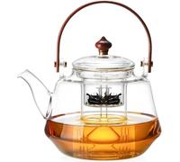 40oz Glass Teapot with Anti-Drip Spout, Peach Wood Handle and Lid, Heat-Resistant Borosilicate Glass, Dual Infusers for Steaming and Boiling