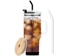 Glass Tumbler with Lid and Straws,40oz Large Capacity Glass Cup with Handle,Drinking Glasses with Silicone Coaster,Glass Water Cup,Smoothie Cup,Beer Cup,Ice Coffee Cup,Fits In Cup Holder(Black)