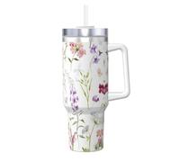 40OZ Ice Bully Vacuum Insulated Tumbler with Handle Straw - Floral Pattern Full Print, Stainless Steel Mug