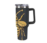 40oz Insulated Stainless Steel Golden Bee Insect Pattern Tumbler with Black Handle & Straw Leak Proof Double Wall Vacuum Insulated Travel Mug for Hot/Cold Drinks, Car Cup Holder Friendly BPA-Free