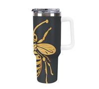 40oz Insulated Stainless Steel Golden Bee Insect Pattern Tumbler with White Handle & Straw Leak Proof Double Wall Vacuum Insulated Travel Mug for Hot/Cold Drinks, Car Cup Holder Friendly BPA-Free