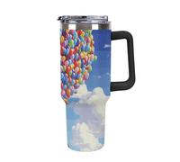 40oz Insulated Tumbler with Handle And Straw Leak Proof Double Wall Stainless Steel Colorful Balloon And House Water Bottle for Car Cup Holder BPA-Free Travel Coffee Mug for Hot & Cold Drinks Black