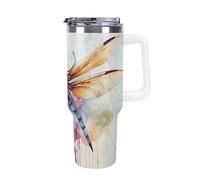 40oz Insulated Tumbler with Handle And Straw Leak Proof Double Wall Stainless Steel Dragonfly Watercolor Painting Water Bottle for Car Cup Holder BPA-Free Travel Coffee Mug for Hot & Cold Drinks White