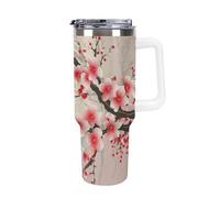 40oz Insulated Tumbler with Handle And Straw Leak Proof Double Wall Stainless Steel Japanese Floral Cherry Blossom Water Bottle for Car Cup Holder BPA-Free Travel Coffee Mug for Hot & Cold Drinks Whit