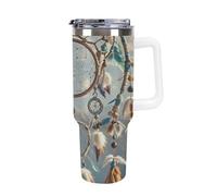 40oz Insulated Tumbler with Handle And Straw Leak Proof Double Wall Stainless Steel Native American Dream Catcher Water Bottle for Car Cup Holder BPA-Free Travel Coffee Mug for Hot & Cold Drinks White