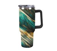 40oz Insulated Tumbler with Straw & Handle, Double Wall Stainless Steel Travel Mug for Hot & Cold Drinks, Fits Car Cup Holders- Teal Gold Abstract Leaves