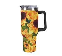 40oz Insulated Tumbler with Straw & Handle, Double Wall Stainless Steel Travel Mug for Hot & Cold Drinks, Fits Car Cup Holders- Sunflower Field with Butterflies