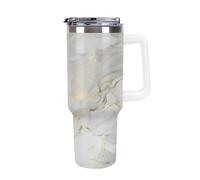 40oz Insulated Tumbler with Straw & Handle, Double Wall Stainless Steel Travel Mug for Hot & Cold Drinks, Fits Car Cup Holders- Ivory Marble with Gilded Veins