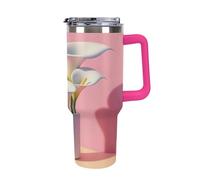 40oz Insulated Tumbler with Straw & Handle, Double Wall Stainless Steel Travel Mug for Hot & Cold Drinks, Fits Car Cup Holders- Three White Calla Lilies Pink Red