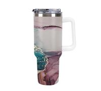 40oz Insulated Tumbler with Straw & Handle, Double Wall Stainless Steel Travel Mug for Hot & Cold Drinks, Fits Car Cup Holders- Teal Rose Alcohol Ink Gold