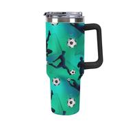 40oz Insulated Tumbler with Straw & Handle, Double Wall Stainless Steel Travel Mug for Hot & Cold Drinks, Fits Car Cup Holders- Teal Soccer Player Silhouette Pattern