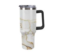 40oz Insulated Tumbler with Straw & Handle, Double Wall Stainless Steel Travel Mug for Hot & Cold Drinks, Fits Car Cup Holders- White Marble Gold Kintsugi
