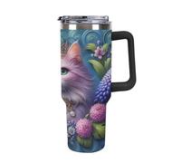 40oz Insulated Tumbler with Straw & Handle, Double Wall Stainless Steel Travel Mug for Hot & Cold Drinks, Fits Car Cup Holders- Pink Cat Crown Floral