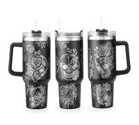 40oz Skull Flower Tumbler With Lid and Straw, 40oz Tumbler Wrap, Stainless Steel Insulated Tumbler for Water, Iced Tea or Coffee - Unique Gift