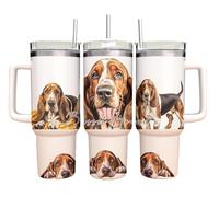 40oz Stainless Steel Basset Hound Dog Tumbler with Straw, for Hot and Cold Drinks
