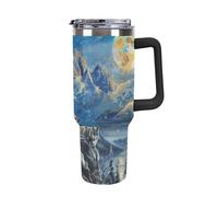 40oz Stainless Steel Insulated Flask Car Travel Cup with Straw, Large Hot & Cold Drink Mug for Everyday Use, Wolfs Sitting on Mountain