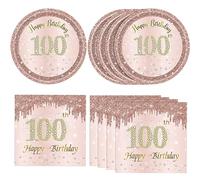 40PCS 100 Birthday Decorations for Women Rose Gold 100 Birthday Party Tableware Plates Napkins 100 Year Old Birthday Party Decorations for Women 100th Birthday Anniversary Decor