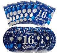 40PCS 16 Year Old Youth Birthday Party Set, including Navy Blue 7-inch Dessert Plate and 16th Birthday Napkins, suitable for 20 guests to attend boys and girls' birthday parties