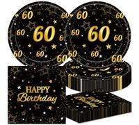 40Pcs 60th Birthday Decorations for Men Cheers to 60 Years Paper Plates and Napkins Party Supplies Black and Gold 60th Birthday Decorations