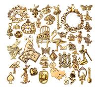 40pcs Alice in Wonderland Charms Pendant Antique Gold Tales Tea Party Rabbit Watch Steampunk Skeleton Keys Pendants Necklace Charms for DIY Earring Bracelet Jewelry Making Findings
