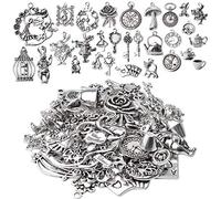 40pcs Antique Silver Alice in Wonderland Charm Alloy Tales Tea Party Steampunk Victorian Necklace Bracelet Charms Pendants for DIY Jewelry Making Crafts Supplies, Silver Zinc, No Gemstone