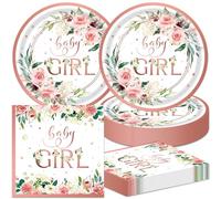 40pcs Baby Shower Decorations for Girl Pink Floral Baby Girl Plates and Napkins for Gender Reveal Party Favor,Birthday Table Supplies,Suitable for 20 Guests