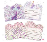 40pcs Birthday Invitations for Girls, Lovely Mermaid Themed Party Invitations Cards, Kids Party Invitations for Girls Double-Sided Printed (Pink+Purple)