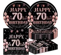 40Pcs Black and Pink 70th Birthday Party Decorations - Happy 70th Birthday Plates Napkins Set for 20 Guests