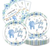 40pcs Blue Floral Baby Shower Decorations Boys Gender Reveal Supplies Spring Rose Blue Baby Boy Shower Plates and Napkins,Suitable for 20 Guests
