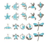 40Pcs Blue Ocean Theme Enamel Charm Starfish Turtle Dolphin Mermaid Tail Charm 10 Styles Sea Animal Dangle Charm Pendant for Jewelry Making DIY Craft
