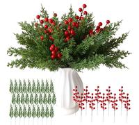 40PCS Christmas Artificial Norfolk Pine Branches Picks with Red Berry Stems Decorations, 32cm Fake Evergreen Pine Needles Cypress Leaves Stems for DIY Craft Christmas Garland Wreath Xmas Vase Filler