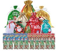 40pcs Christmas Drawstring Gift Bags - Reusable Foil Tie Bags for Presents, Large, Medium, Small Sizes, 13 Designs for Xmas Party, Holiday