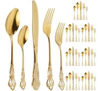 40Pcs Cutlery Sets for 8 People, Gold Retro Royal Stainless Steel Flatware Set, Spoon Knife and Fork Sets, Hollow Pattern Silverware Set Dishwasher Safe for Home Party Restaurant