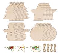 40Pcs DIY Wooden Christmas Tree Decorations, Crafts for Adults, Make Your Own Ornaments, Round Wooden Chips, Snowman, Star With 4 Bundles of Rope