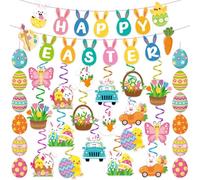 40Pcs Easter Party Decorations Bunny Hanging Swirls Eggs Happy Easter Banner Egg Garland Spring Ceiling Streamers Classroom Decor for Home Indoor Outdoor Bulletin Board School Office Supplies Backdrop