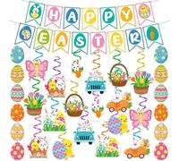 40Pcs Easter Party Decorations Bunny Hanging Swirls Flag Happy Easter Banner Egg Garland Spring Ceiling Streamers Classroom Decor for Home Indoor Outdoor Bulletin Board School Office Supplies Backdrop