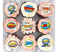 40Pcs Edible Super Hero Boom Cupcake Toppers Smash Crash Pow Edible Cupcake Picks for Celebrating Heros Theme Baby Shower Kids Boom Birthday Cupcake Cake Decorations Super Hero Party Supplies