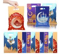 40pcs Eid Mubarak Favor Bags with Die Cut Handles, 4 designs - Muslim Mosque Moon Stars Lantern Print Goodie Candy Snack Plastic Gift Bags Pouch for Eid Al-fitr Islamic Diwali Ramadan Theme Party Favo