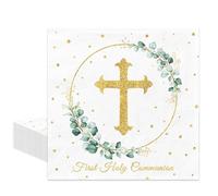 40Pcs First Holy Communion Napkins - Eucalyptus Design Sage Green Table Decor for Baptism, Christening & Confirmation Decorations, God Bless Paper Napkins (33x33cm)