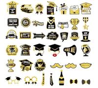 40pcs Graduation Photo Props, Class of 2025 Decoration Funny Grad Cake Toppers Centerpiece Graduation Selfie Picture Photoshoot Booth Signs Photography Backdrop for College School Party (Gold/Black)