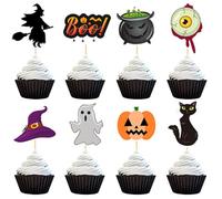 40Pcs Halloween Cupcake Toppers Ghost Boo Cupcake Picks Assembled Witch Hat Spooky Pumpkin Cat Cake Decorations for Happy Halloween Boo Theme Baby Shower Kids Birthday Party Supplies