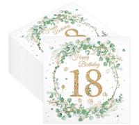 40Pcs Happy 18th Birthday Party Napkins, Disposable Eucalyptus Wreath Gold Paper Serviettes for Women Girls, 33x33cm/13x13in Tissues for Legal Age Birthday Party Decorations